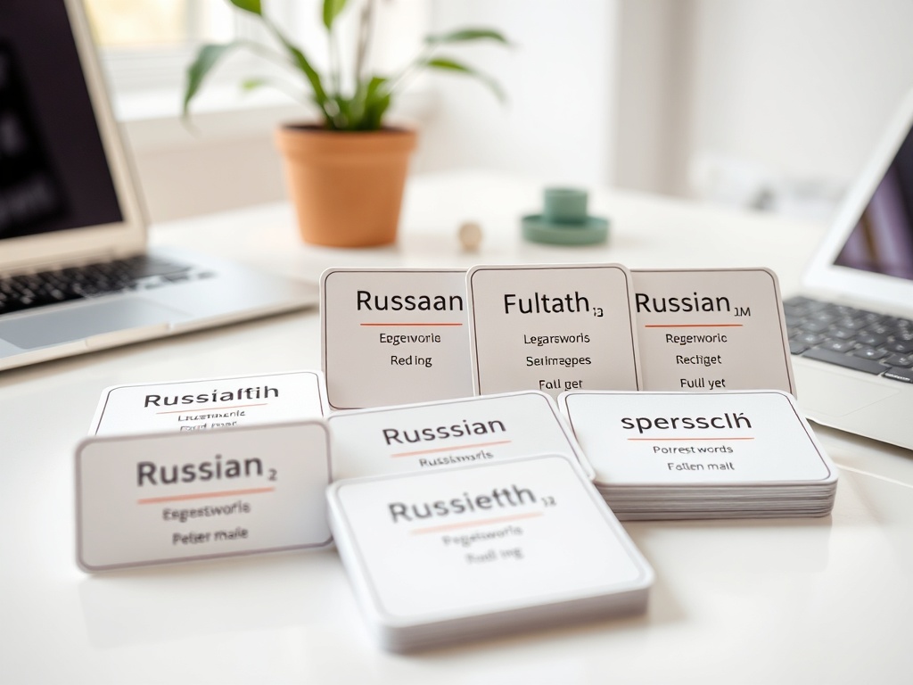 На столе разбросаны карточки с надписями на разных языках и ноутбук на заднем плане.