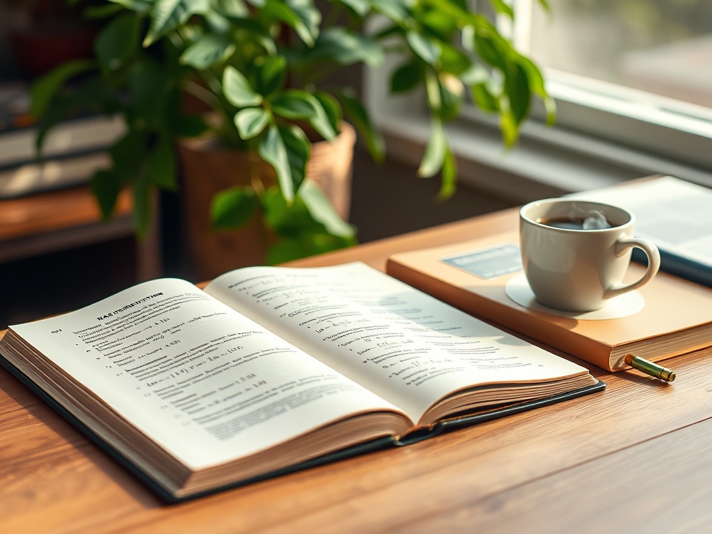 На столе открытая книга, чашка кофе и блокнот на фоне зелёного растения и солнечного света.