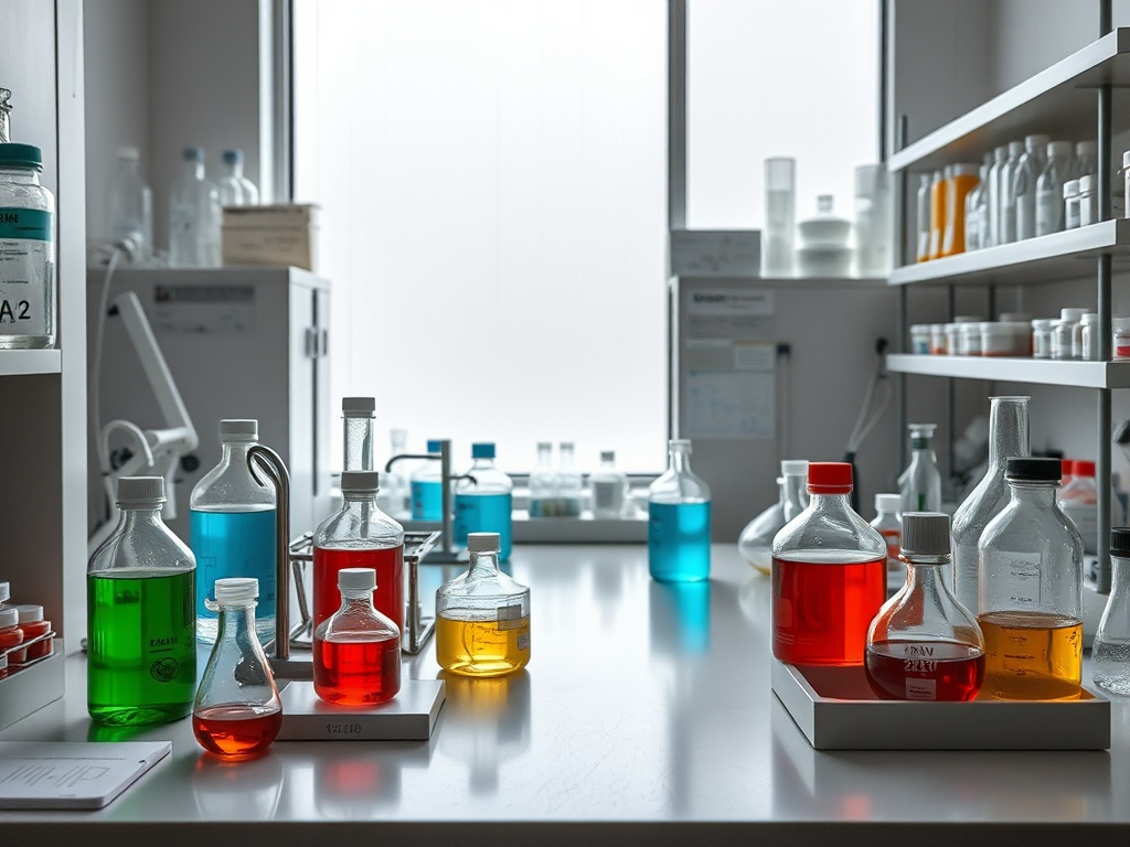 Лабораторный стол с пробирками, содержащими жидкости разных цветов: зелёный, синий, красный и жёлтый.