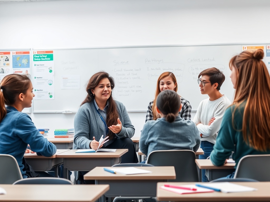 Группа студентов обсуждает темы урока с преподавателем в классе. Белая доска и учебные материалы на столах.