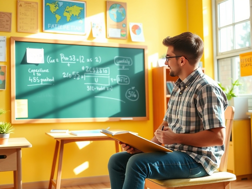 Студент сидит за партой, пишет в блокноте, на доске - математические уравнения и графики. Яркий класс.