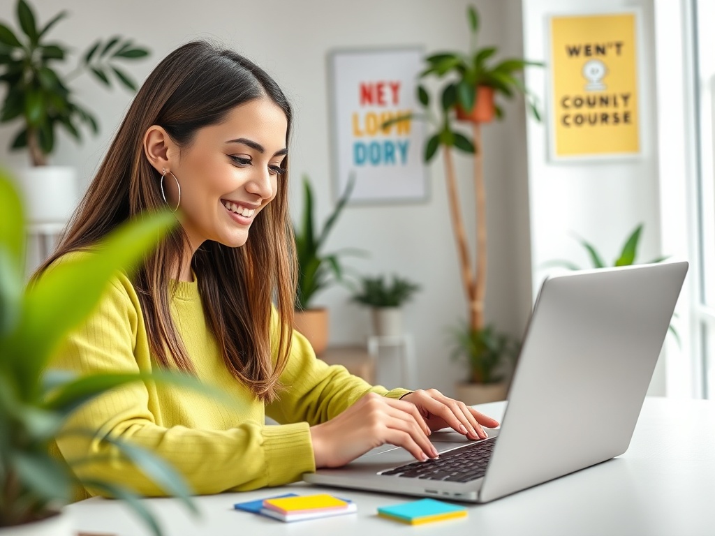 Молодая женщина с улыбкой работает за ноутбуком в уютном офисе с растениями вокруг.