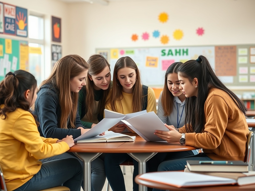 Группа девушек за столом изучает материалы и обсуждает, сидя в классе. На столе книги и документы.