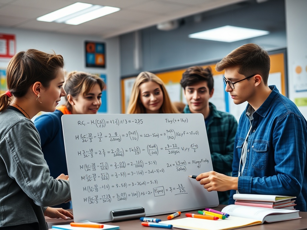 Группа студентов обсуждает задачи по математике у доски с формулами и уравнениями.