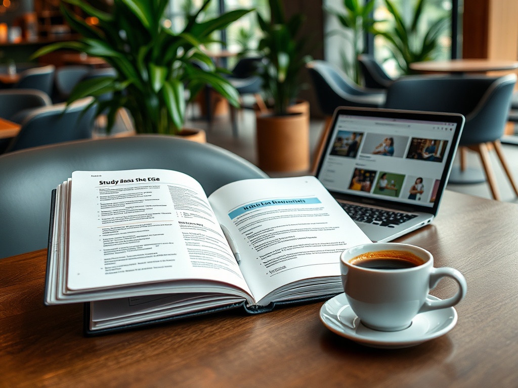Открытая книга с учебным материалом, ноутбук и кружка кофе на столе в уютном кафе.