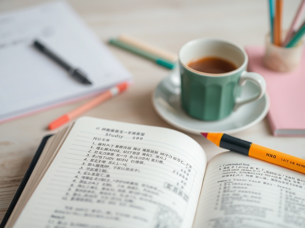 На столе открытая книга для изучения, рядом чашка кофе и канцелярские принадлежности.