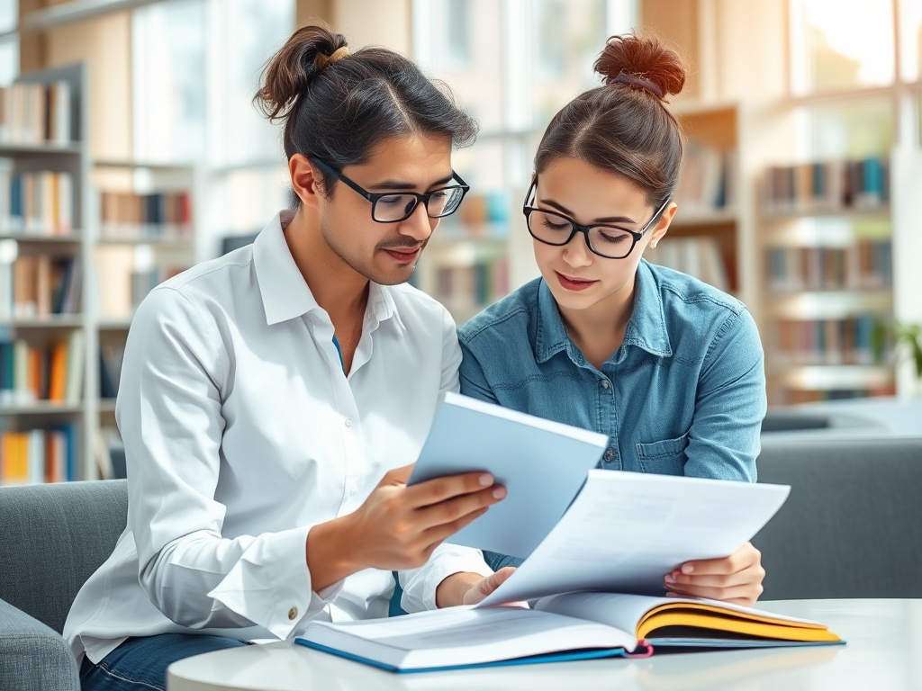 Два студента в очках читают книги и обсуждают материал в библиотеке. Чувствуется атмосфера сосредоточенности.