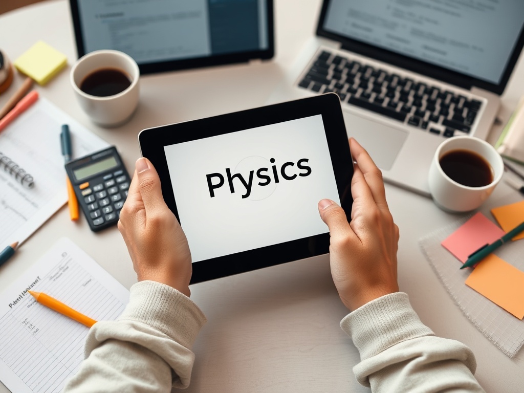 На изображении руки, держащие планшет с надписью "Физика", на столе рабочие материалы и чашка кофе.