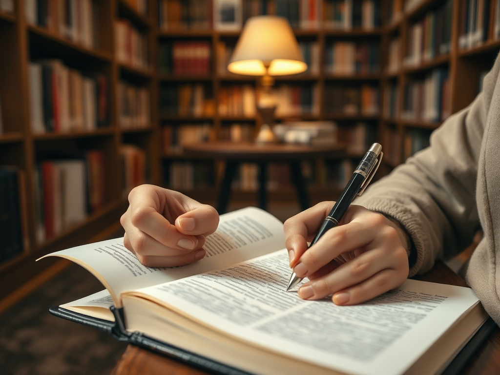 На изображении видно читателя, который делает заметки в книги в библиотеке с уютным освещением.