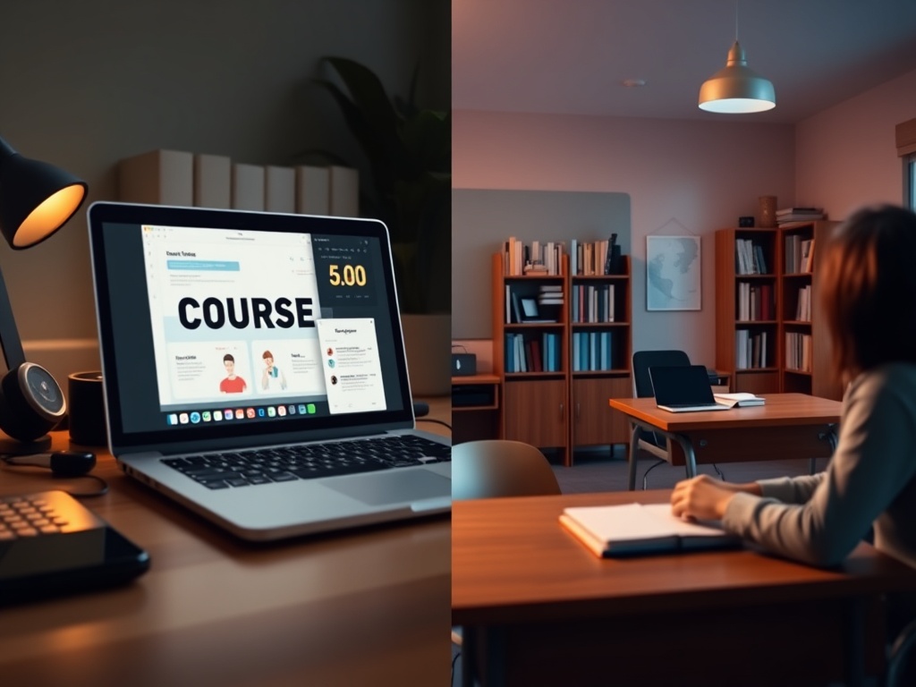На изображении ноутбук с курсом и учебной средой в уютном классе с книгами и рабочим столом.