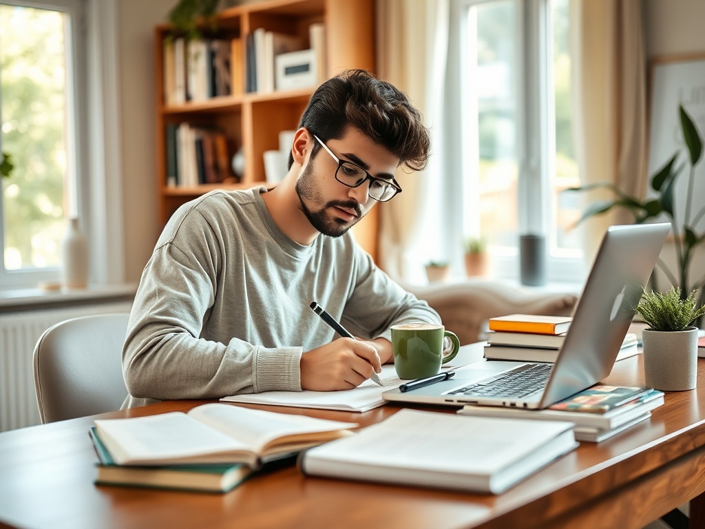 Молодой человек с очками пишет в блокноте за столом, на котором ноутбук и несколько книг.