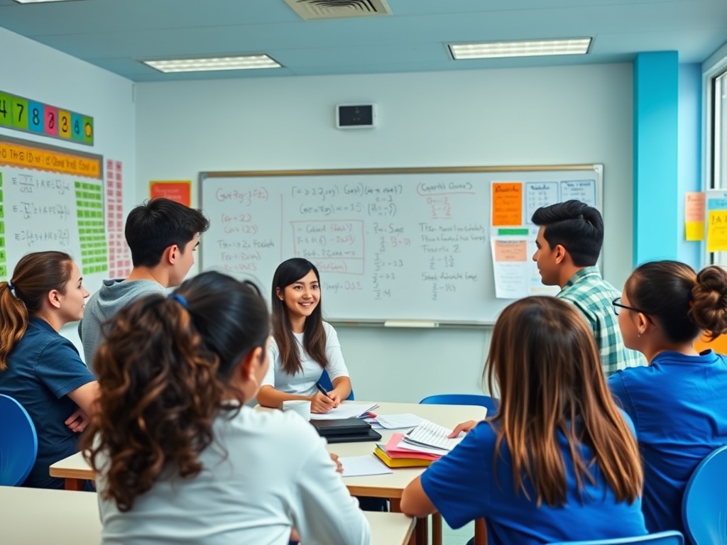 Группа студентов обсуждает задание в классе, учитель объясняет материал у доски.