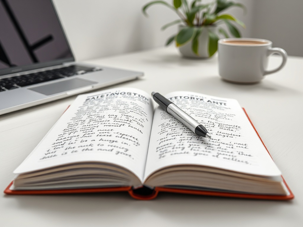 Открытая записная книжка на столе рядом с ноутбуком и чашкой кофе, ручка лежит на странице с записями.