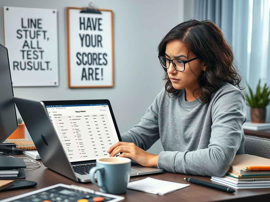 На изображении девушка в очках работает за ноутбуком, сосредоточенно изучая данные.